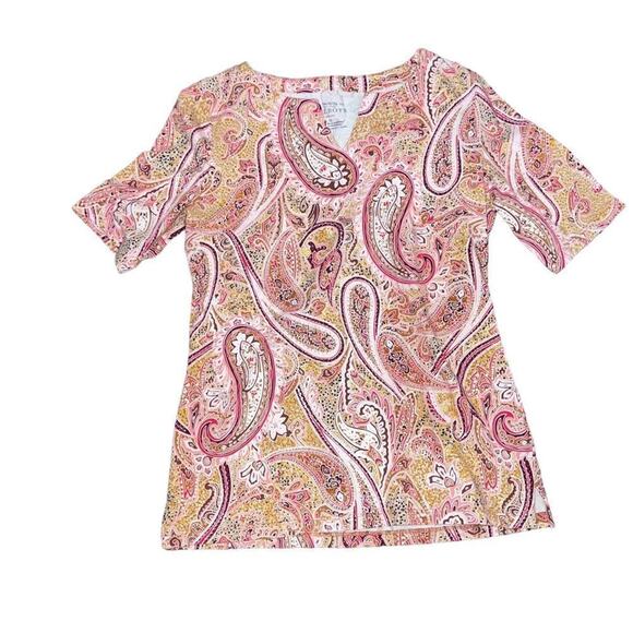 Talbots Tee Womens Petite Small Pink Tan Paisley Split Neck 3/4 Sleeve Top - Picture 3 of 4
